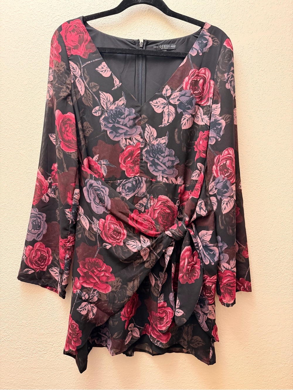 Guess Black Floral Long-Sleeve Tie-Waist Dress with Red and Pink Roses